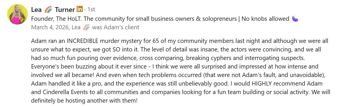 Lea Turner's LinkedIn recommendation for Cinderella Events