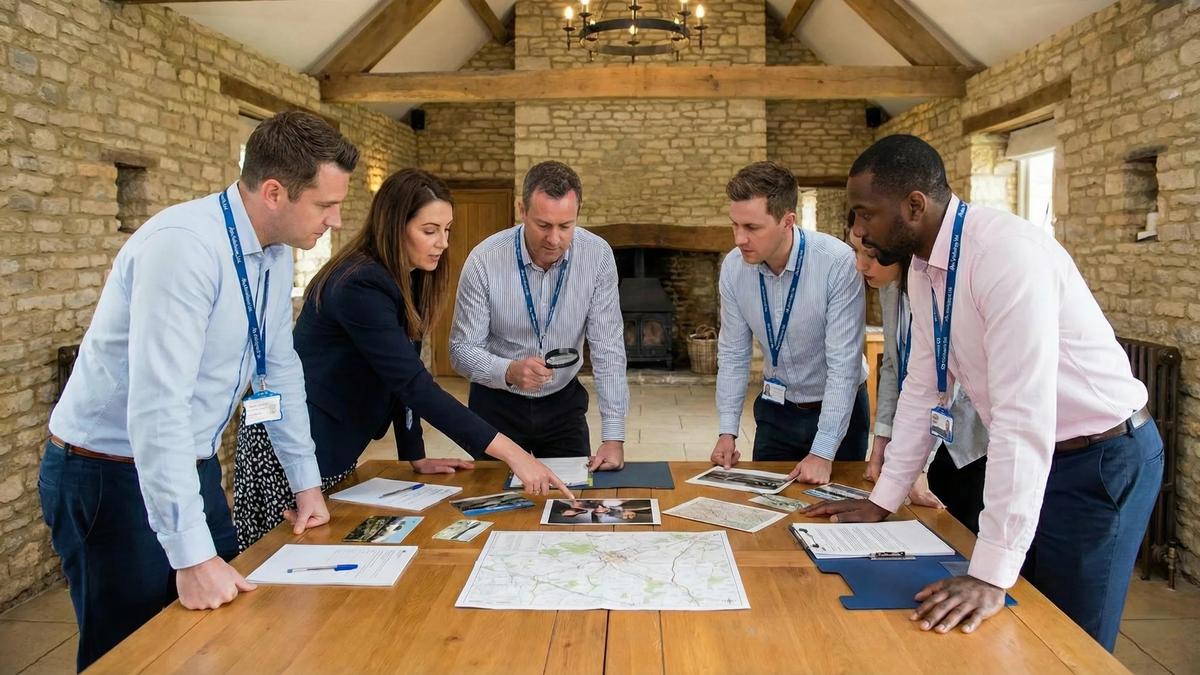 Team collaborating around a table examining documents and maps