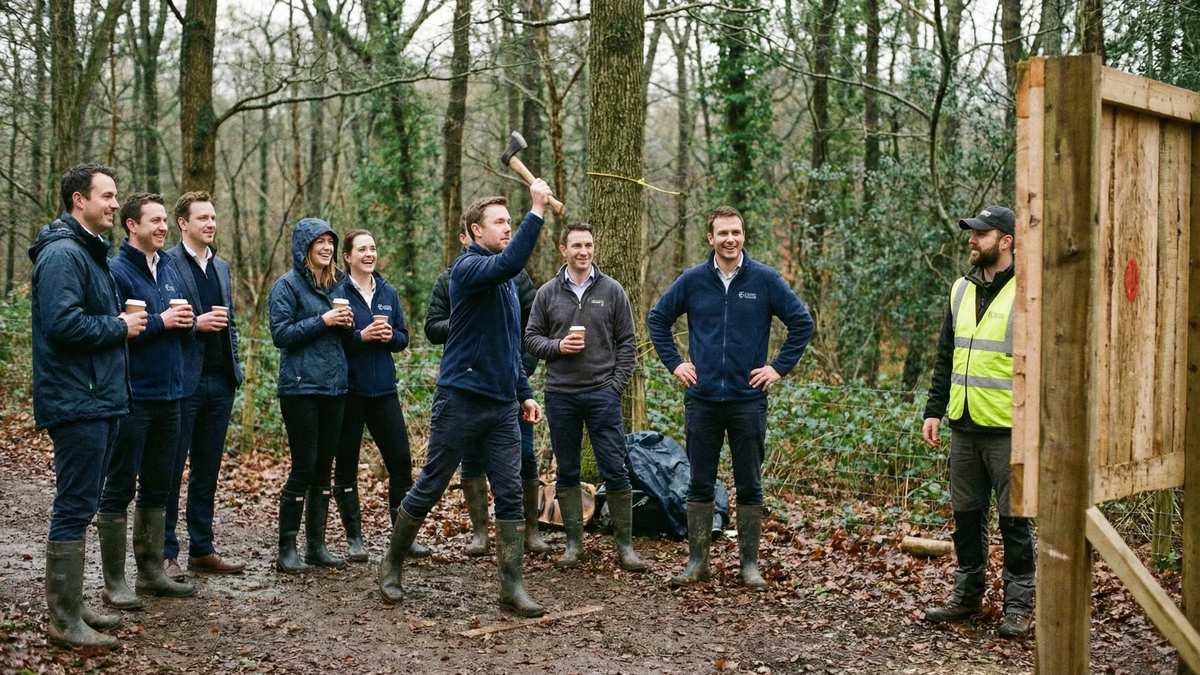 Team doing axe throwing activity in woodland