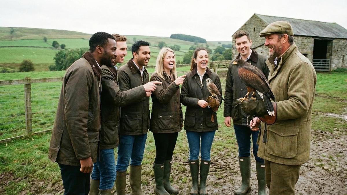 Team enjoying a falconry experience in the countryside